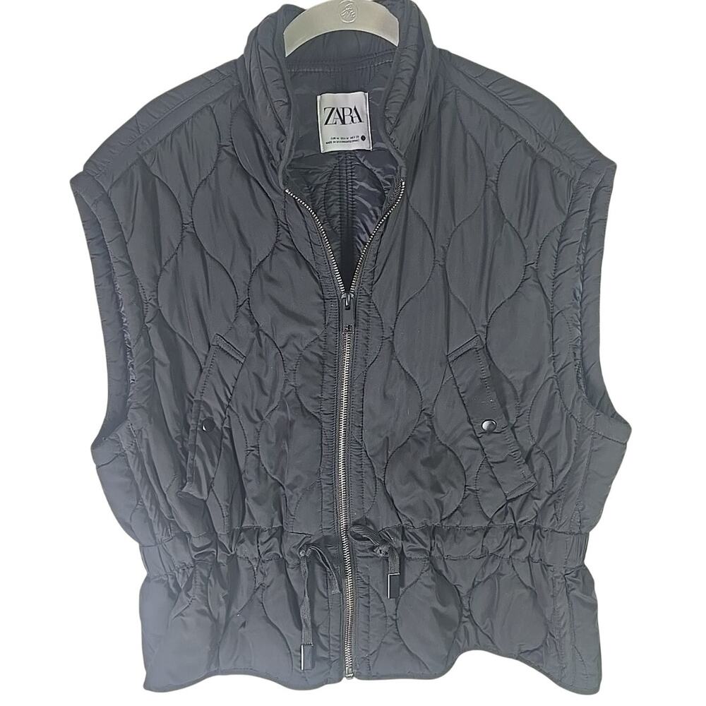 Zara Black Nylon Quilted Military Vest Padded Puffer Womens Medium Lightweight